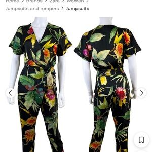 Zara Black and Yellow Satin Jumpsuit with Tropical Print